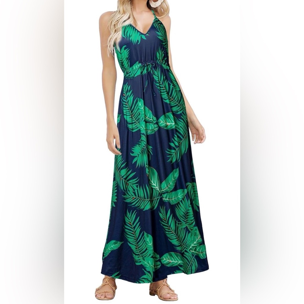 Huskary NWT Tropical Maxi Dress Dark Blue Large Sleeveless Spaghetti Strap